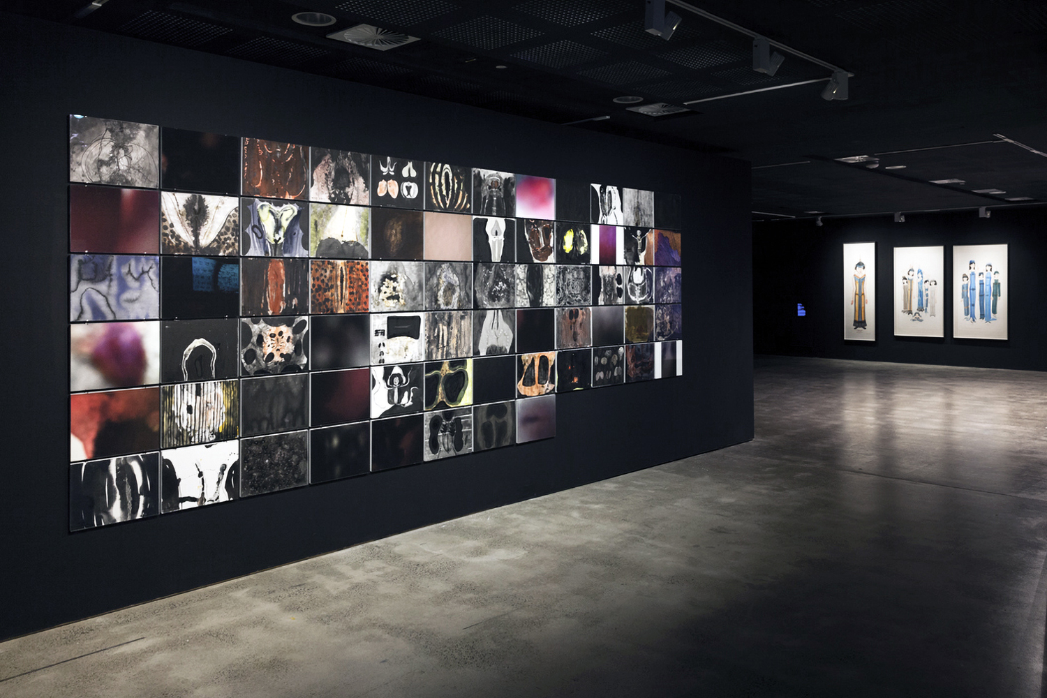Installation view of He Xiangyu, Everything we create is not ourselves 68-2 2013–14; and Wilson Shieh, Famous Architecture of Hong Kong 2011.