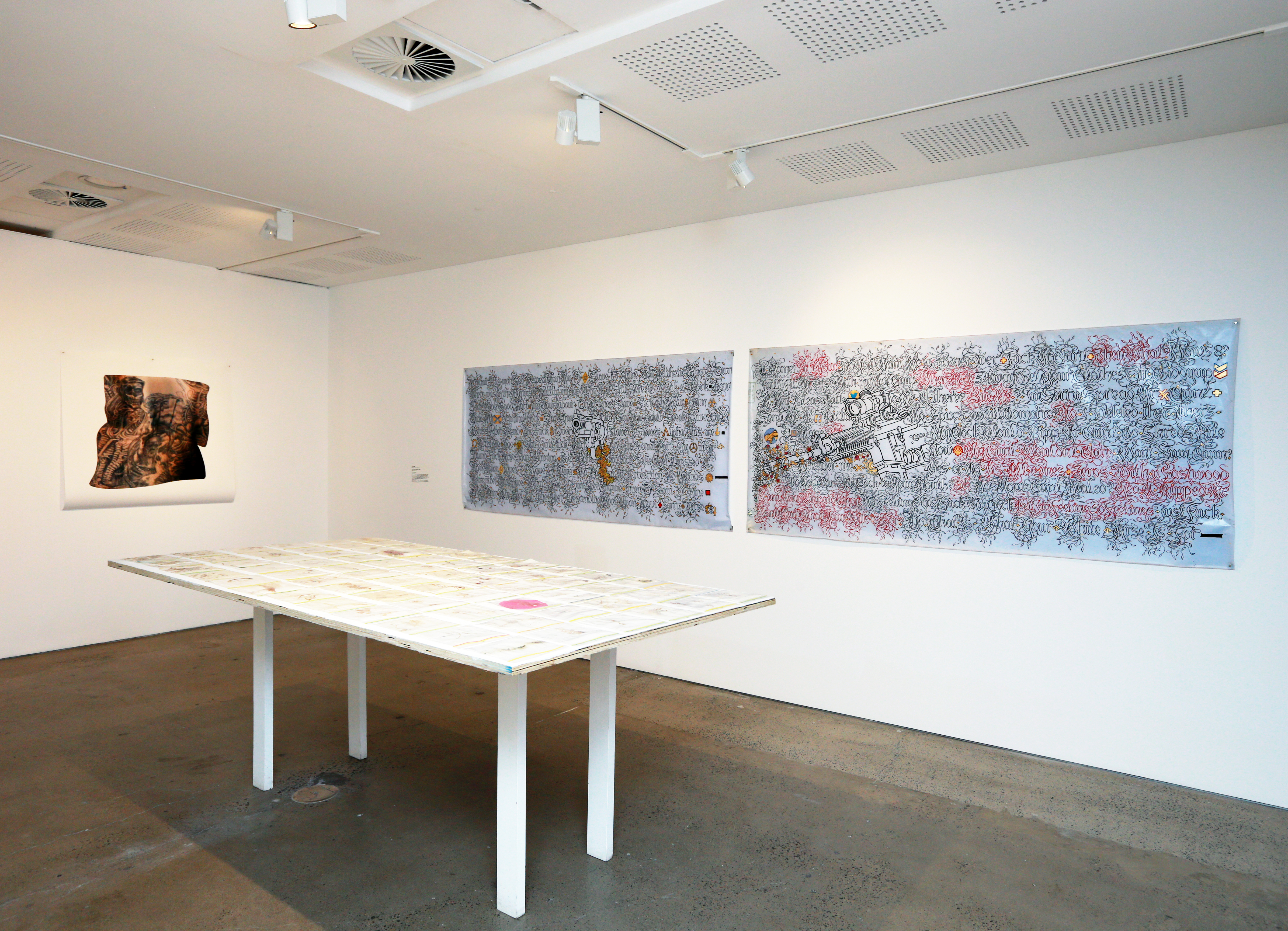 Installation view, 'Quo Vadis: The Last Drawing Show', UNSW Galleries, 2014. Pictured: Alison Bennett, Persona 2014; and eX de Medici, The Most Dangerous Animal 2013-14, and The Blood of Others 1990-2014. Photograph: Britta Campion