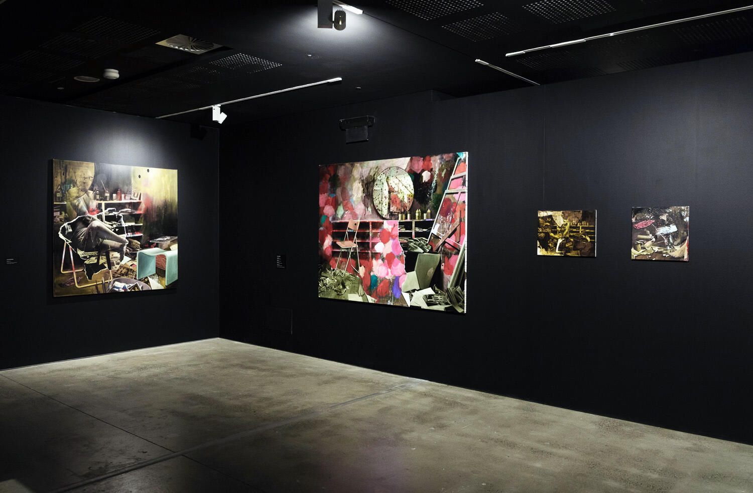 Installation view, David Eastwood, Voyeur 2016, False Wall 2016, Collage 2016 and Passage 2016.