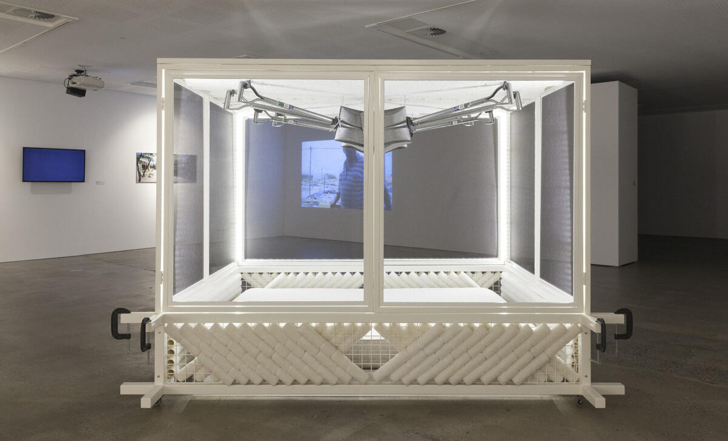Installation view of a box made using white materials 