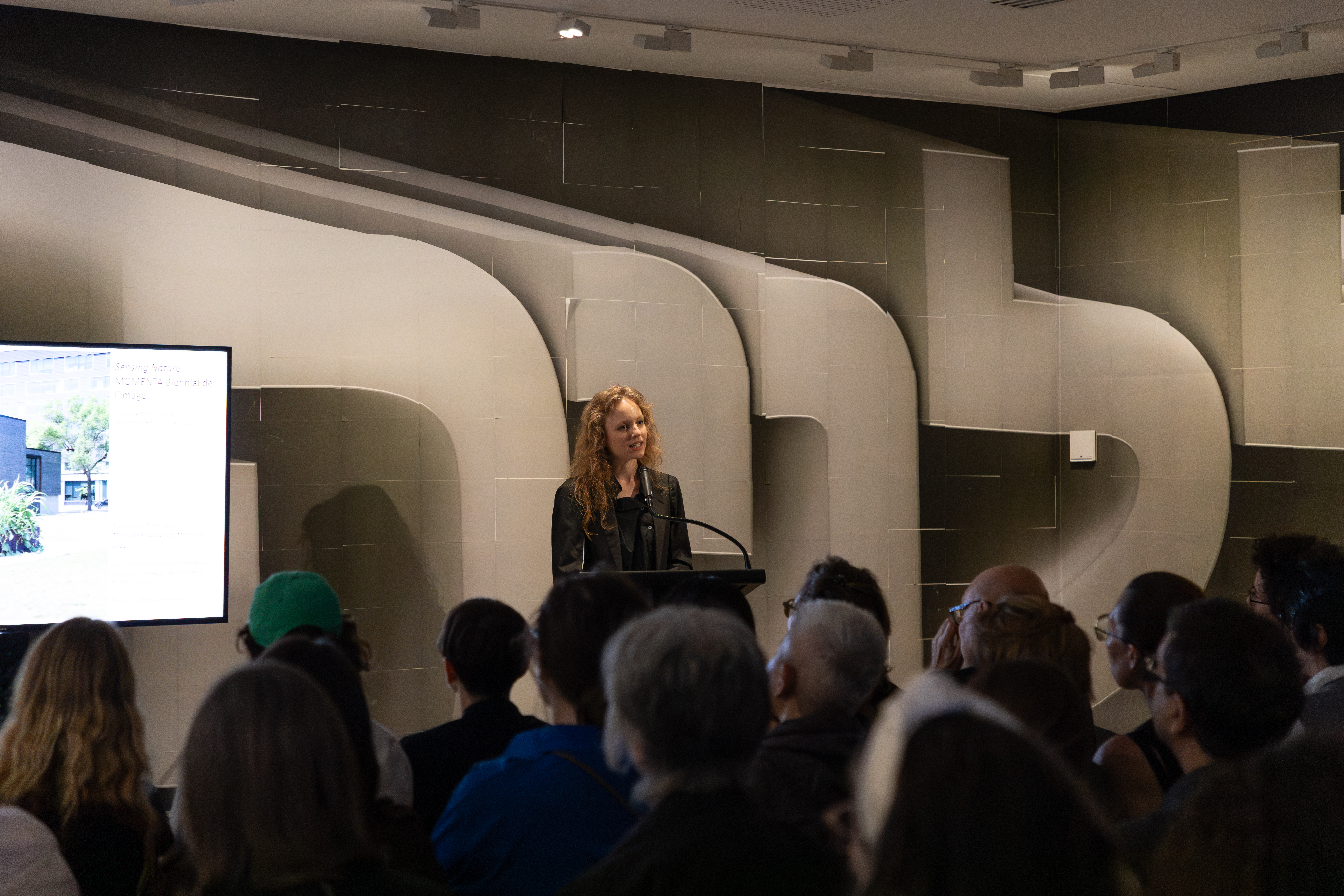  Stefanie Hessler stands at a podium delivering a presentation to an audience in a dimly lit gallery.