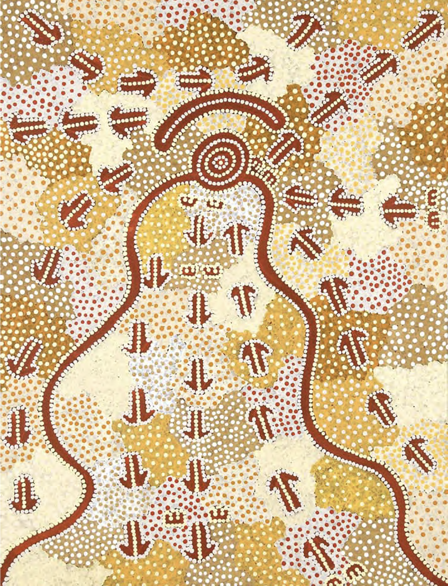 Abstract Aboriginal Australian dot painting artwork featuring a stylized topographic landscape composed of dense white, cream, ochre, mustard yellow, and reddish-brown dot patterns.