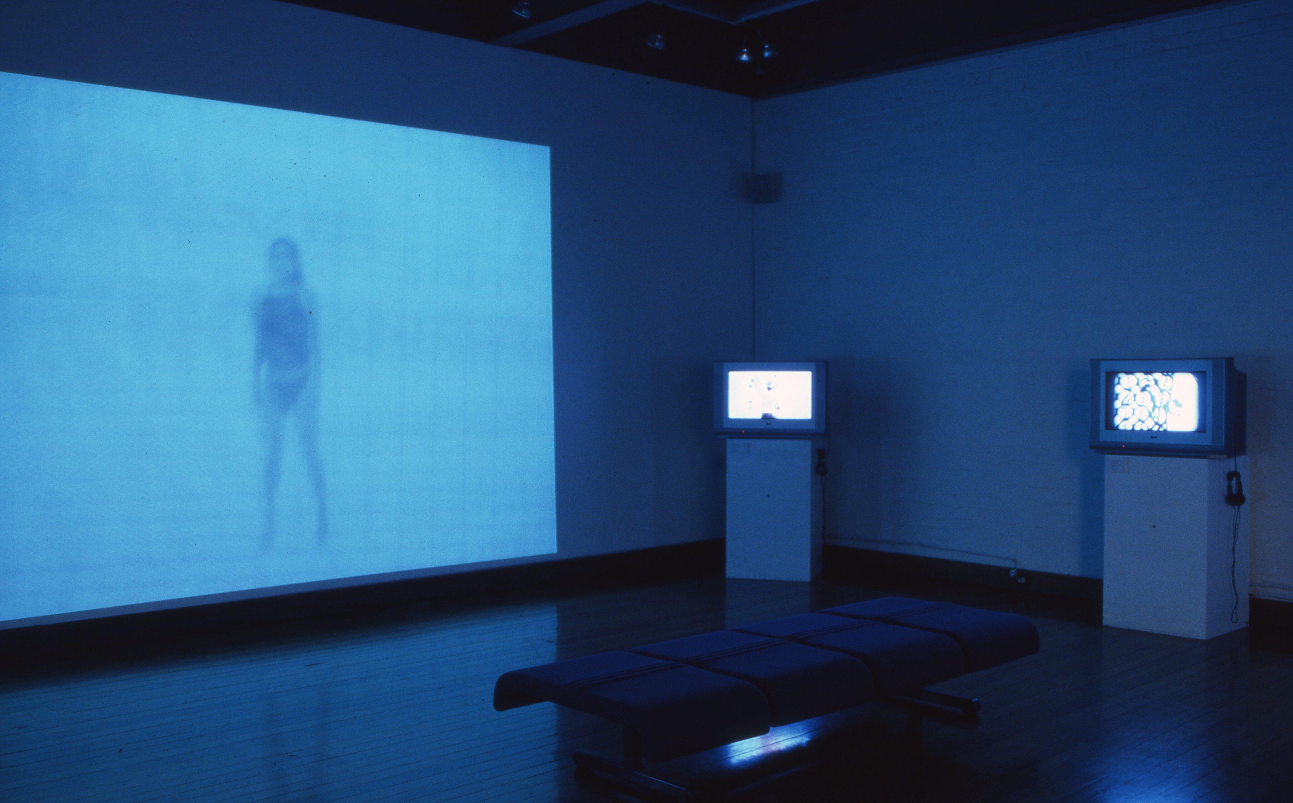 Installation view showing one large main video work showing a blurry figure 