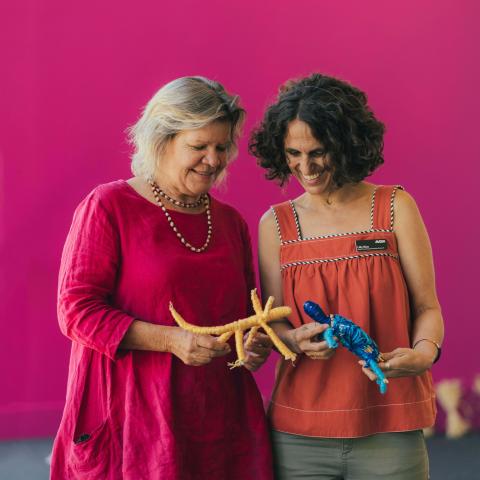 Artist Sharyn Egan with her woven boorongur totem