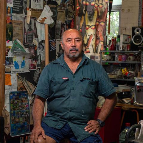 Gordon Hookey at his studio in Brisbane, Australia. 2021. Image courtesy: the artist and Milani Gallery. Photograph: Rhett Hammerton
