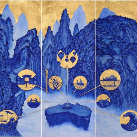 Yao Jui–Chung, Yao's Journey to Australia 2015, biro, oil pen with gold leaf on Indian handmade paper, 200 x 546 x 6cm.