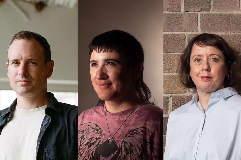 Portraits of artists Grant Stevens and Ana Iti and curator Katie Dyer