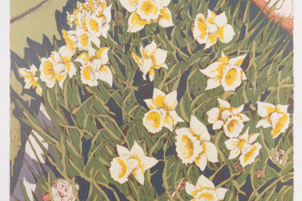 Colourful print showing someone picking flowers 