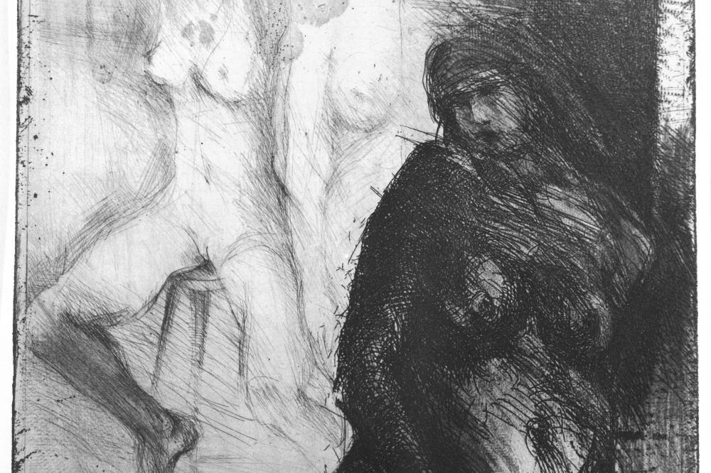 Image of two nude women in the form of an etching